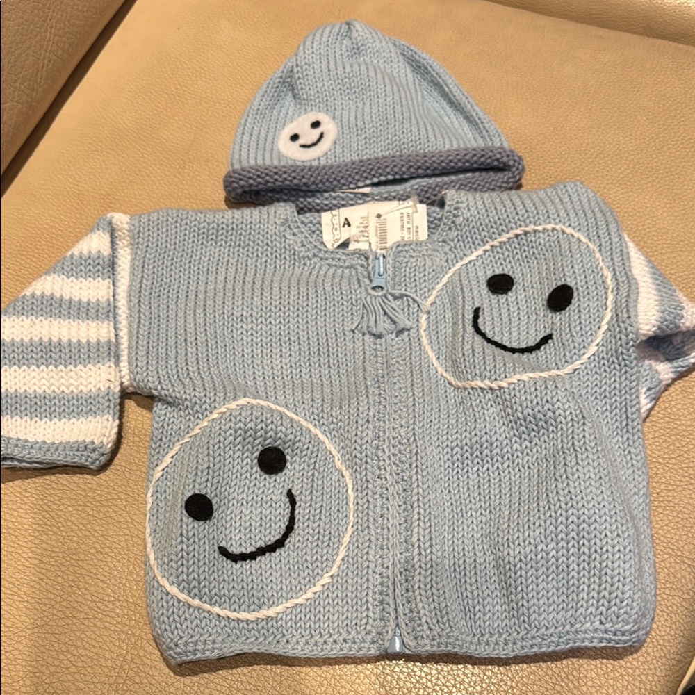 Blue Smiley Face Baby Sweater and Hat Set